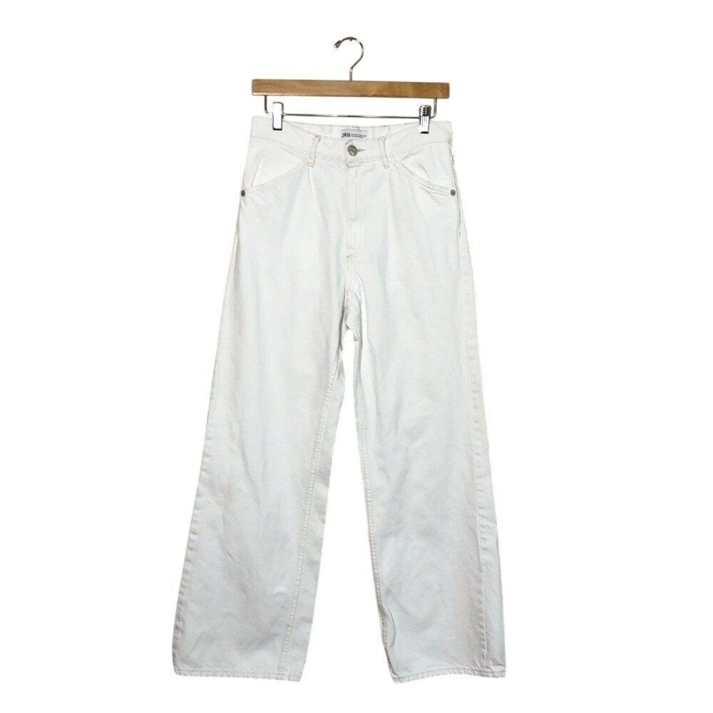 ZARA Women 2 White Denim High Waisted Wide Leg Jeans Girlhood‎ Classic Summer